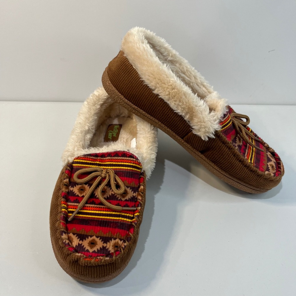 Western Chief Mens Moccasin‎ Slippers Size 6 Brown Corduroy Tribal Lined Cozy